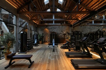 A modern gym with exposed beams and brick walls, featuring treadmills and weight training equipment.