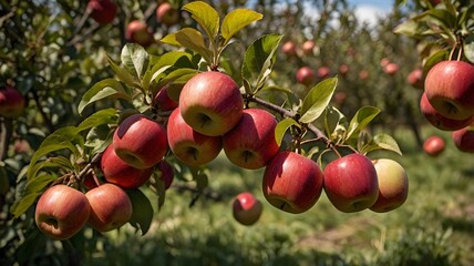 Fototapeta premium Apple trees with ripe fruits. Bloomy apple garden. 
