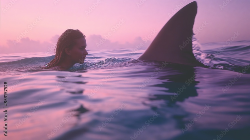 Wall mural cinematic, woman swimming in the ocean and shark fin is seen behind her, pastel colors, dusk, low an - Wall murals