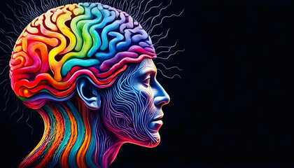 Obraz premium Vivid Mind: Illustrating ADHD in a Colorful Brain on a Black Background with Copyspace