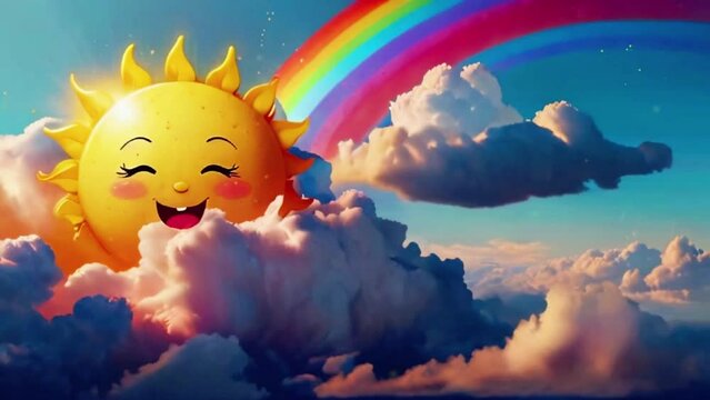 Cute animation with smiling sun and Magical fluffy clouds sparkling under a rainbow, timelapse style clouds drifting in the blue sky, background for music visualizer, kawaii aesthetic, fantasy - Powered by Adobe