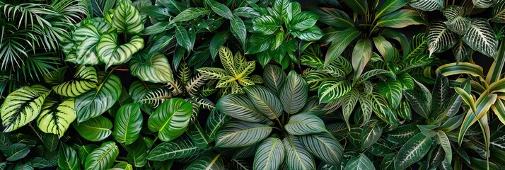Fototapeta premium dense array of house plants, filling the entire photo with greenery and various shapes of leaves - refreshing gardening and green concept