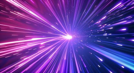 A purple and blue gradient background with light streaks, glowing lines of energy moving fast through the air, creating an atmosphere of speed and motion