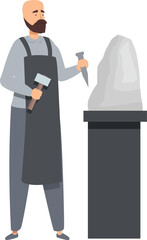 Male sculptor wearing an apron, holding a mallet and chisel, sculpting a stone block