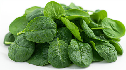 Fototapeta premium A cluster of spinach leaves, deep green and glossy with a hint of moisture clinging to their surface, isolated