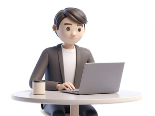 3D animated cartoon of an adult person sitting at a modern, curved desk while using a laptop