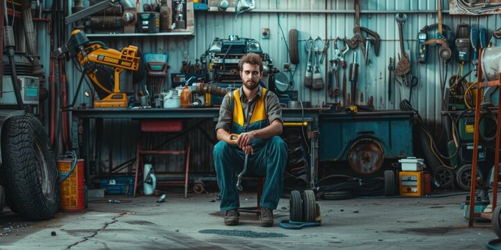 A mechanic is sitting in a garage, looking at the camera He is wearing a yellow hard hat, blue coveralls, and a tool belt The garage is full of tools and equipment. AIGZ01