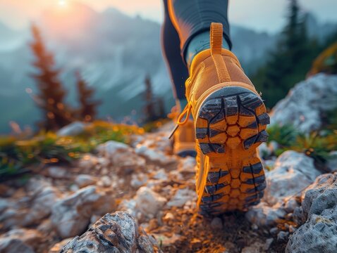 Cinematic trail run, athlete navigating rocky path, nature and athletic shoes,
