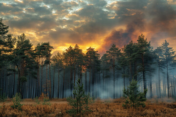 Naklejka premium Forest Fire Sunset With Smoke and Silhouetted Trees