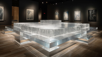 The podium stage, designed with a transparent acrylic base and a mirrored surface, catches the eye with its sleek and reflective qualities, creating an illusion of floating in mid-air under the spotli