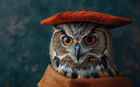educated owl in graduation cap, plain and minimal backdrop