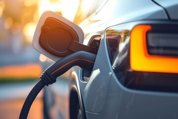 Electric car charging on the charge station. Zero emission car, eco friendly.  Generative ai