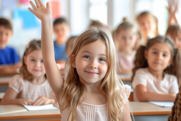 group of students in classroom of elementary school. Schoolgirl actively raising her hand participating in study process.  Generative ai