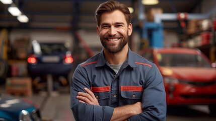 Obraz premium portrait of a confident mechanic in a car workshop. Generative ai