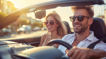 Happy couple travelling by convertible car. Joyful ride on the summer road. Generative ai