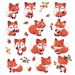 Obraz premium A set of red fox emoticons, flower-shaped tails and holding acorns and berries in various poses with cute expressions. Cute chibi style with a simple white background design. Sticker set, sticker shee