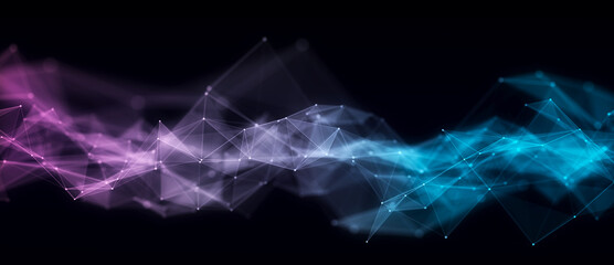 Music color wave of particles and lines. Big data visualization. Abstract blue background with a dynamic wave. 3d rendering.