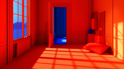 3D CG rendering of the room with red door and blue door