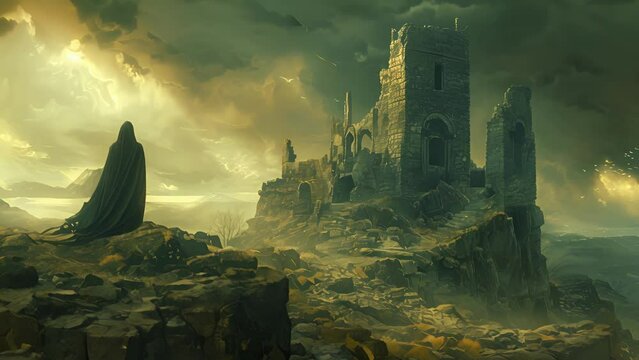 Standing atop the crumbling battlements of the ruined castle a spectral figure watches over the desolate landscape its hollow eyes surveying the ruins and all who dare enter.