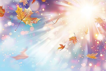 Autumn leaves fly and fall on a blue sky with sunlight and bokeh