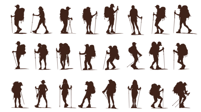 silhouettes of people hiking