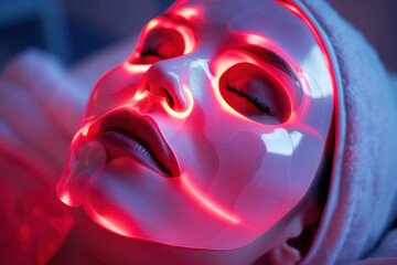 A woman lies with a face mask emitting red light, appearing relaxed. The mask is used for light therapy or skincare treatment in a spa or home setting