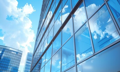Obraz premium A modern office building with reflective windows against a vibrant blue sky with scattered clouds, capturing the essence of urban architecture and clear weather
