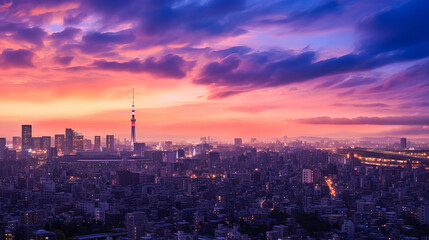 Fototapeta premium A city skyline with a beautiful sunset in the background