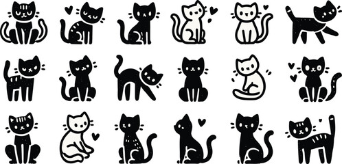 cat icon set cute kitten symbol set white and black illustration
