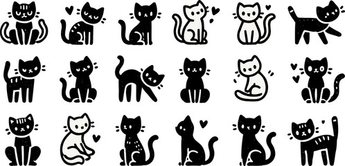 Obraz premium cat icon set cute kitten symbol set white and black illustration