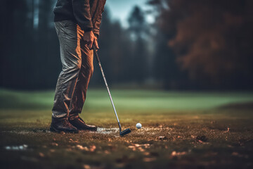 A man in a suit is standing on a golf course, holding a golf club and looking at the ground