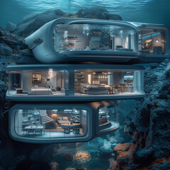 Obraz premium An architectural section of a futuristic underwater base, showing various rooms and furniture. In the front there is a large window with a view of the ocean depths. High-resolution photography, detail