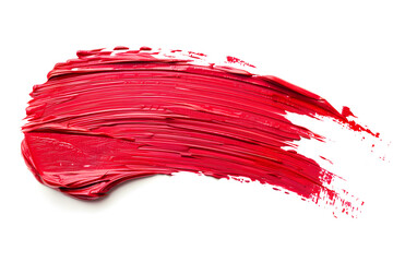 Cosmetic lipstick abstract stroke isolated on white background. Swatch, sampler of lipstic, tint or blusher. Cream makeup texture. Bright red color cosmetic product brush stroke swipe sample