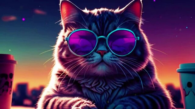 Cute cat and sunglasses and coffee cups, Japanese Lo-fi Anime style Seamless loop hip-hop chill music lofi bites vibes Relaxing animation, Cyan purple colours manga anime style
