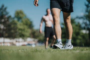 Fototapeta premium Men participating in outdoor sports in an urban park with lush green trees. Focused on jogging and fitness activities on a sunny day.