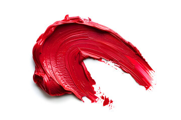 Cosmetic lipstick abstract stroke isolated on white background. Swatch, sampler of lipstic, tint or blusher. Cream makeup texture. Bright red color cosmetic product brush stroke swipe sample