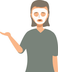 Beautician wearing a uniform and applying a facial mask is showing something with her hand