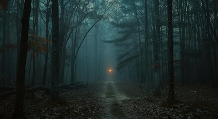 Naklejka premium A Misty Forest Path on a Gloomy Day