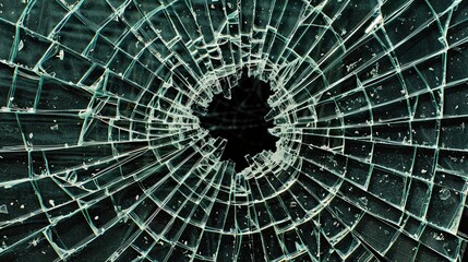 Obraz premium Broken glass on a dark background. After the impact, the glass surface has cracks diverging from the point of impact or bullet hit. The concept of destruction, vulnerability and fragility of existence