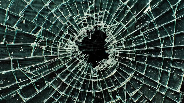 Broken glass on a dark background. After the impact, the glass surface has cracks diverging from the point of impact or bullet hit. The concept of destruction, vulnerability and fragility of existence