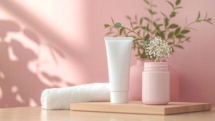 Elegant skincare product display in a serene, pink-themed setting featuring a tube and jar of cream, fresh towels, and lush green plants, symbolizing beauty, self-care, and relaxation. Generative AI
