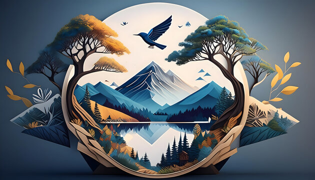 berge, landschaft, b&auml;ume, natur, zeichnung, neu, close up, vektor, minimal, abstrakt, design, kunst, rund, kreis, button, himmel, vogel, logo, symbol, hintergrund, retro, style, geometrisch, berg, 3d