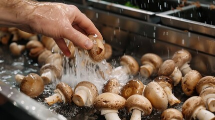 Fresh mushrooms being washed after harvest, clean and fresh,