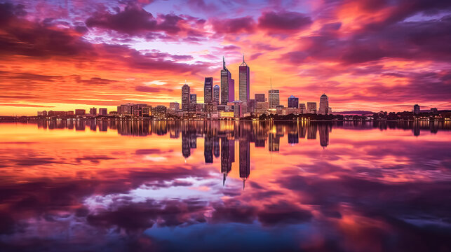 A city skyline is reflected in the water at sunset.