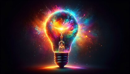 A vibrant, colorful light bulb glowing with an array of brilliant hues, that symbolizes the birth of a new idea, on dark background.