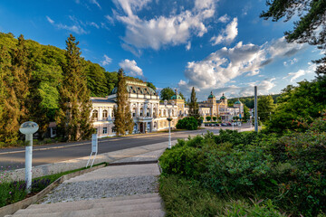 Colonnade view of Social (culture) house and hotel - center of small UNESCO spa town Marianske Lazne (Marienbad) - Czech Republic, Europe