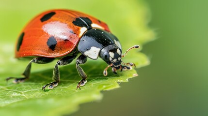 Fototapeta premium Small red-orange ladybug on a green leaf