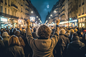Obraz premium A woman stands in a crowd of protesters, holding a sign that says 