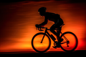 Obraz premium A man is riding a bicycle in the evening. The image has a moody and dramatic feel to it, with the silhouette of the man and the bike against the orange sky. The orange sky adds a sense of warmth