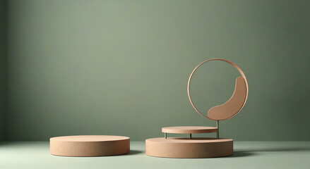 A minimalist podium setup on a sleek, modern stage: a vibrant green platform integrates with the surrounding environment, adorned with lush greenery evoking spring's essence. On this elevated space, c